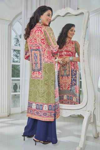 High Neck Kurti with Multicolored Floral and Geometric Motifs