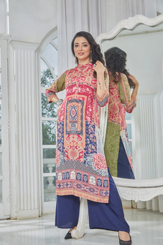 High Neck Kurti with Multicolored Floral and Geometric Motifs