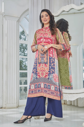 High Neck Kurti with Multicolored Floral and Geometric Motifs