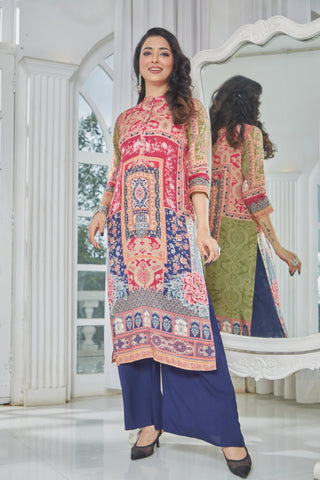 High Neck Kurti with Multicolored Floral and Geometric Motifs