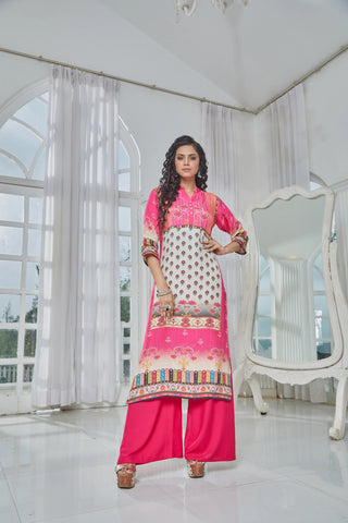 Pink A-Line Kurti with High Collar and V-Neck