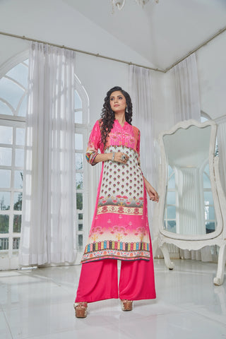 Pink A-Line Kurti with High Collar and V-Neck