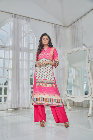 Pink A-Line Kurti with High Collar and V-Neck