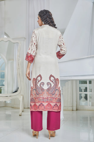 High-Neck Kurti in Purple with Red and Beige Accents