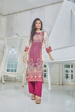 High-Neck Kurti in Purple with Red and Beige Accents