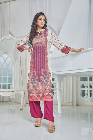 High-Neck Kurti in Purple with Red and Beige Accents