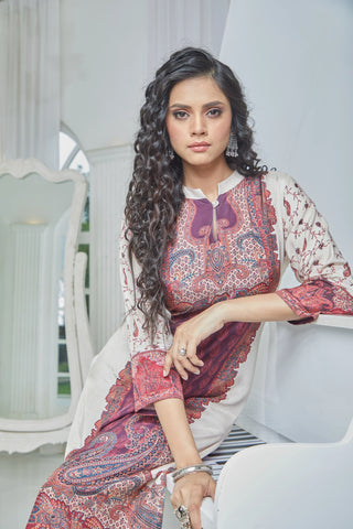 High-Neck Kurti in Purple with Red and Beige Accents