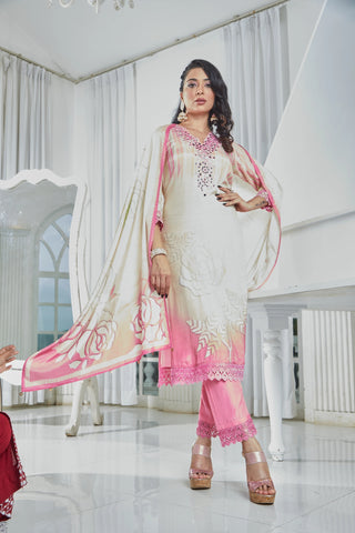 Blush Pink Muslin Kurta Set with Intricate Floral Embroidery and Prints