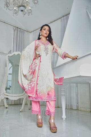 Blush Pink Muslin Kurta Set with Intricate Floral Embroidery and Prints