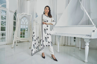 White Crepe Kurta with Black Floral Prints