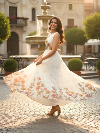 White Long Floral Printed Gown
