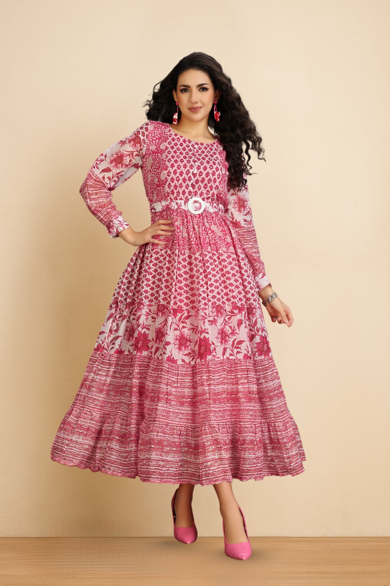 Pink A-Line Kurti With Full sleeves Anora Fashions Pink A-Line Kurti With Full sleeves Anora Fashions