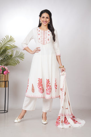 White Cotton Anarkali Suit Set  by Anora