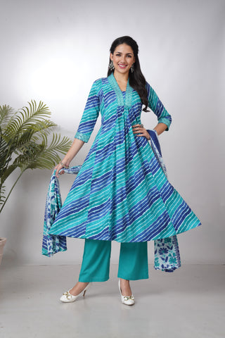 Teal & Blue Striped Anarkali Kurta Set with Floral Print