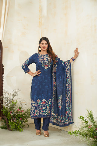 Floral Nevy Blue Kurta Set