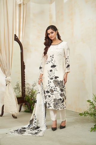 Off-White Floral Print Kurta Set