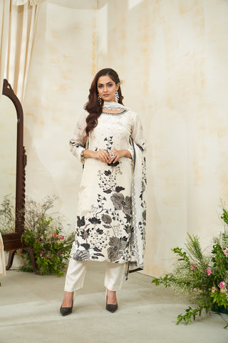 Off-White Floral Print Kurta Set