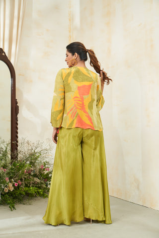 Green-Yellow Crepe Jacket & Palazzo Set