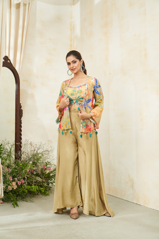 Multicolor Floral Crepe Jacket and Palazzo Set