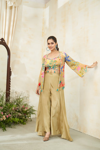 Multicolor Floral Crepe Jacket and Palazzo Set