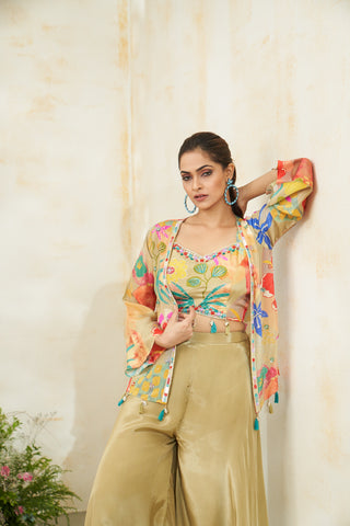 Multicolor Floral Crepe Jacket and Palazzo Set