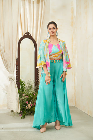 Multicolor Festive Tassel Belt Jacket & Palazzo Set