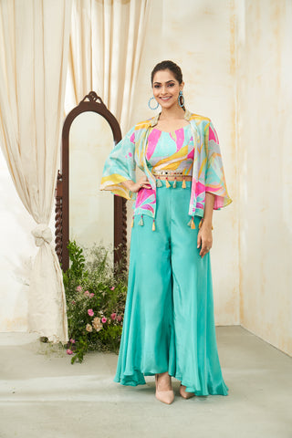 Multicolor Festive Tassel Belt Jacket & Palazzo Set