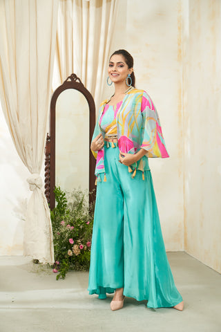 Multicolor Festive Tassel Belt Jacket & Palazzo Set