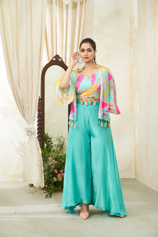 Multicolor Festive Tassel Belt Jacket & Palazzo Set