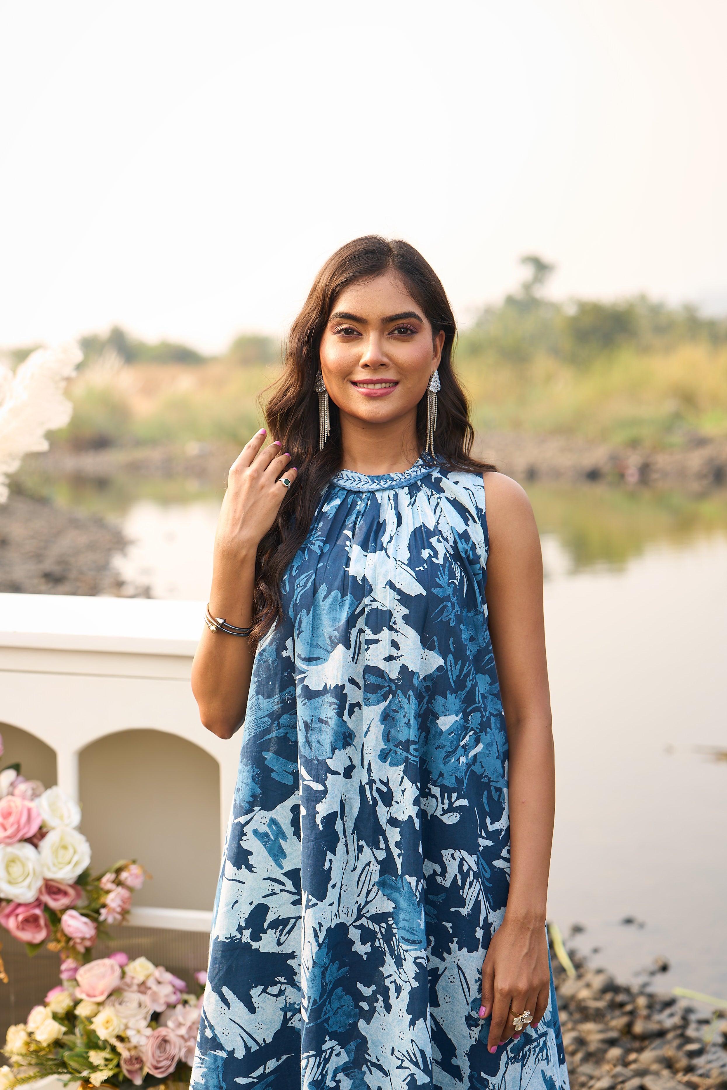 Blue and White Printed Cotton Dress – Anora Fashions Blue and White Printed Cotton Dress – Anora Fashions