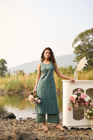 Green Sleeveless Cotton Kurta Set with Palazzo Pants