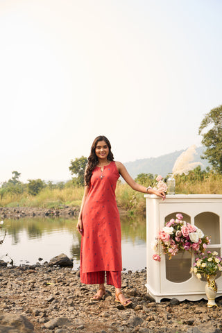 Orange Sleeveless Cotton Kurta Set with Blue Embroidery
