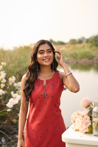Orange Sleeveless Cotton Kurta Set with Blue Embroidery