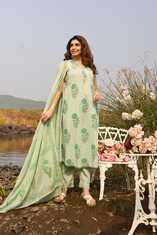 Light Green Cotton Kurta Set with Matching Floral Dupatta