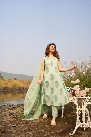 Light Green Cotton Kurta Set with Matching Floral Dupatta