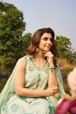 Light Green Cotton Kurta Set with Matching Floral Dupatta