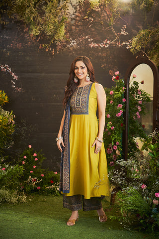 Floral Embroidered Yellow Silk Kurta Set