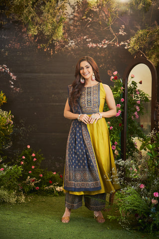 Floral Embroidered Yellow Silk Kurta Set