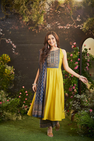 Floral Embroidered Yellow Silk Kurta Set