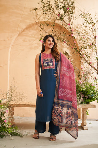 Blue Floral and Geometric Embroidered Set