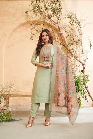 Light Green Embroidered Roman Silk Kurta Set