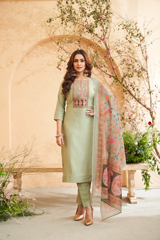 Light Green Embroidered Roman Silk Kurta Set