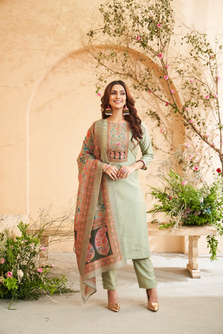 Light Green Embroidered Roman Silk Kurta Set