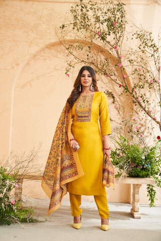 Yellow Embroidered Roman Silk Kurta Set