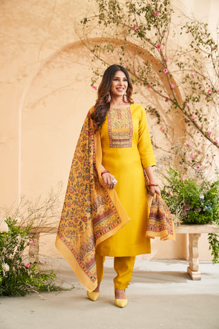 Yellow Embroidered Roman Silk Kurta Set