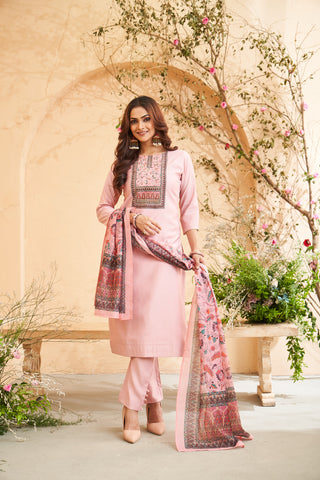 Pink Embroidered Roman Silk Kurta Set