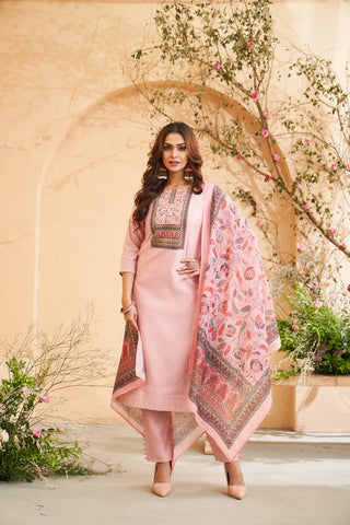 Pink Embroidered Roman Silk Kurta Set