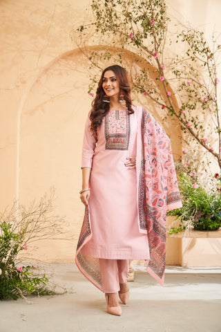 Pink Embroidered Roman Silk Kurta Set