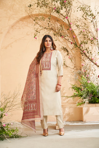 Cream Embroidered Roman Silk Kurta Set