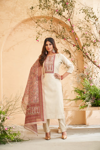 Cream Embroidered Roman Silk Kurta Set